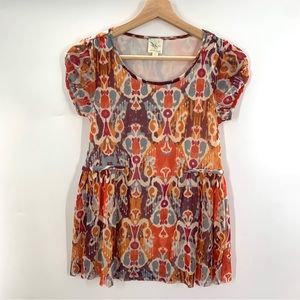 Weston Wear Mesh Ikat Stretch Blouse Print XS short sleeve orange